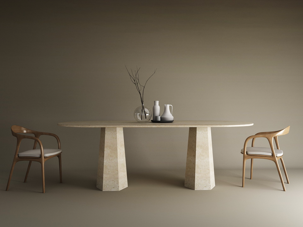 Oval Travertine Dining Table with Tapered Round Base