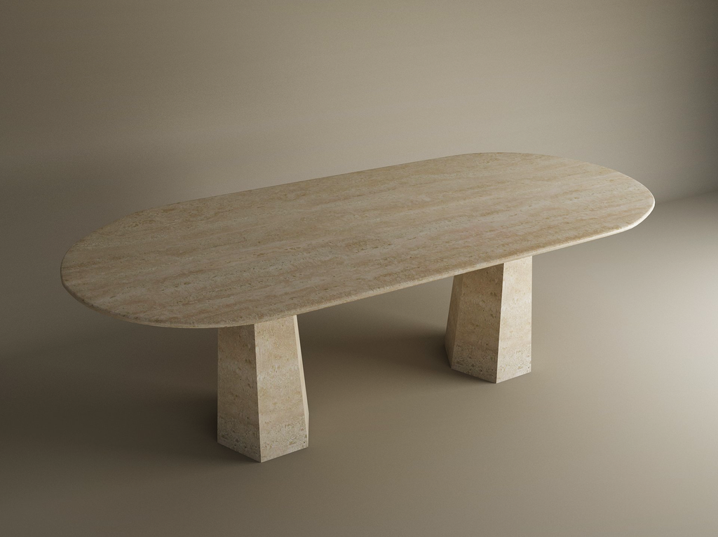 Oval Travertine Dining Table with Tapered Round Base