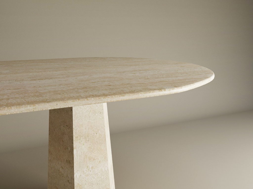 Oval Travertine Dining Table with Tapered Round Base