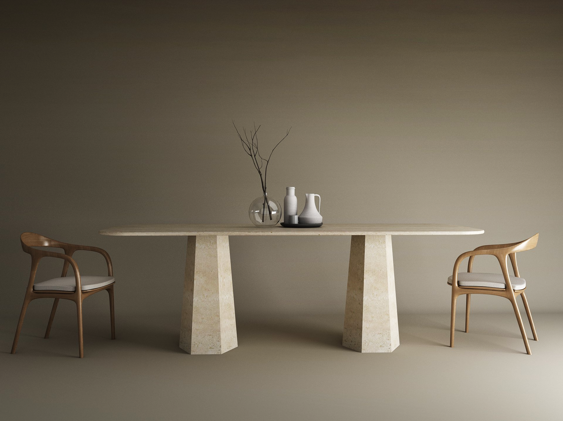 Rectangular Travertine Dining Table with Tapered Round Base