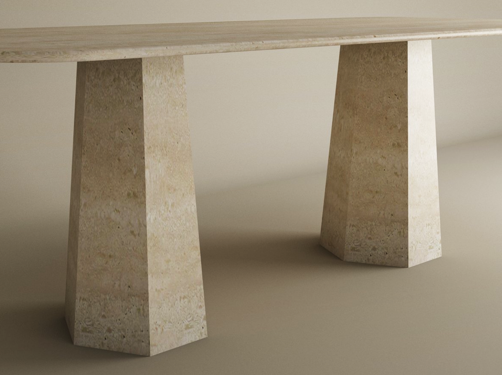 Rectangular Travertine Dining Table with Tapered Round Base