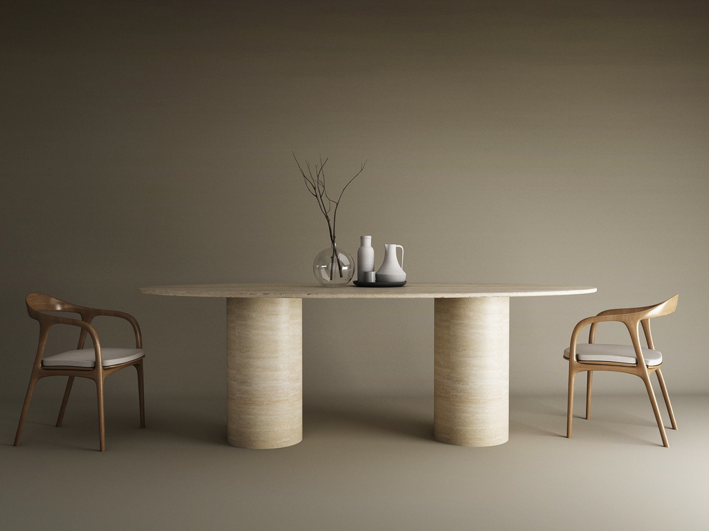 Ellips Travertine Dining Table with Smooth Cylinder Base