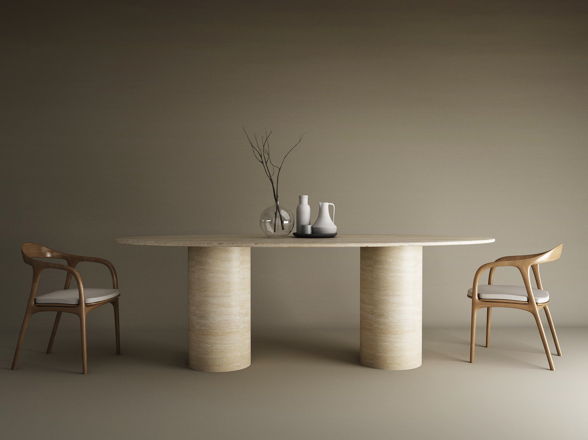 Ellips Travertine Dining Table with Smooth Cylinder Base