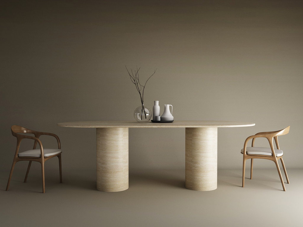 Oval Travertine Dining Table with Smooth Cylinder Base