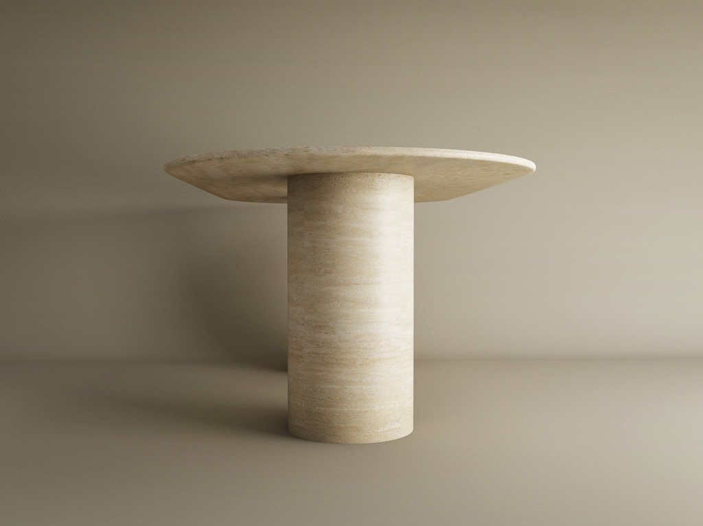 Oval Travertine Dining Table with Smooth Cylinder Base