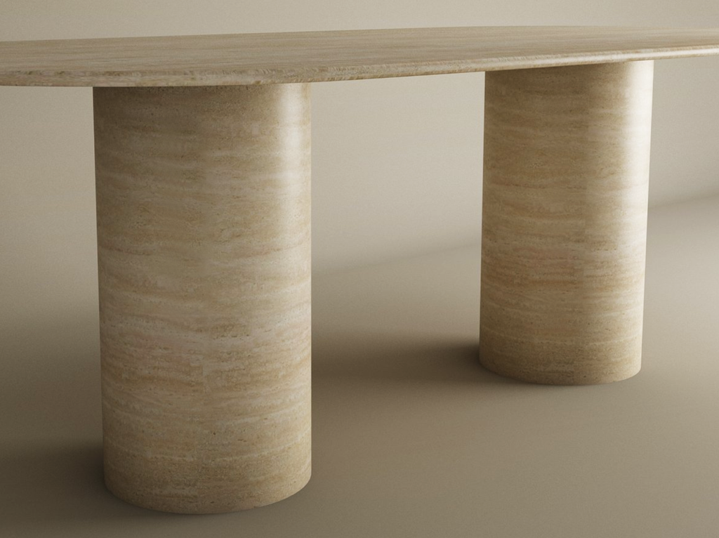 Oval Travertine Dining Table with Smooth Cylinder Base