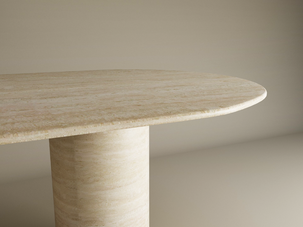 Oval Travertine Dining Table with Smooth Cylinder Base