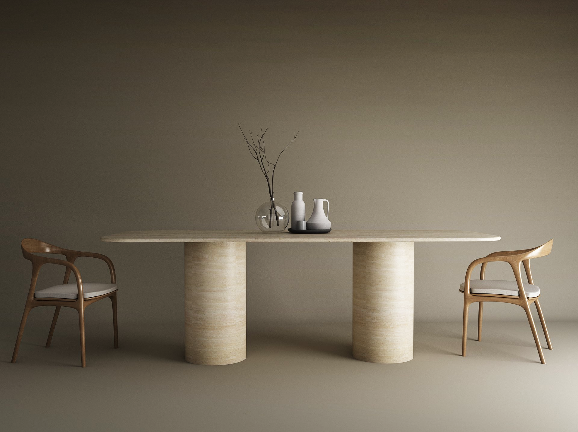 Rectangular Travertine Dining Table with Smooth Cylinder Base