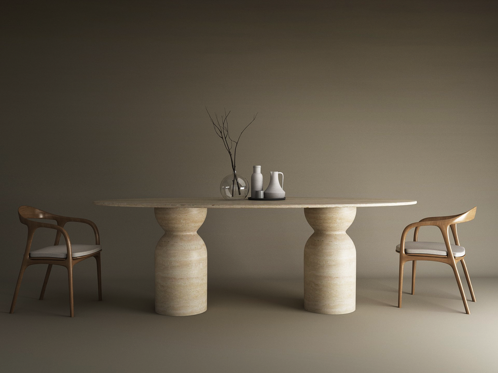 Ellips Travertine Dining Table with Sculptural Round Base- Ready to Ship