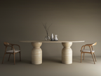 Ellips Travertine Dining Table with Sculptural Round Base- Ready to Ship