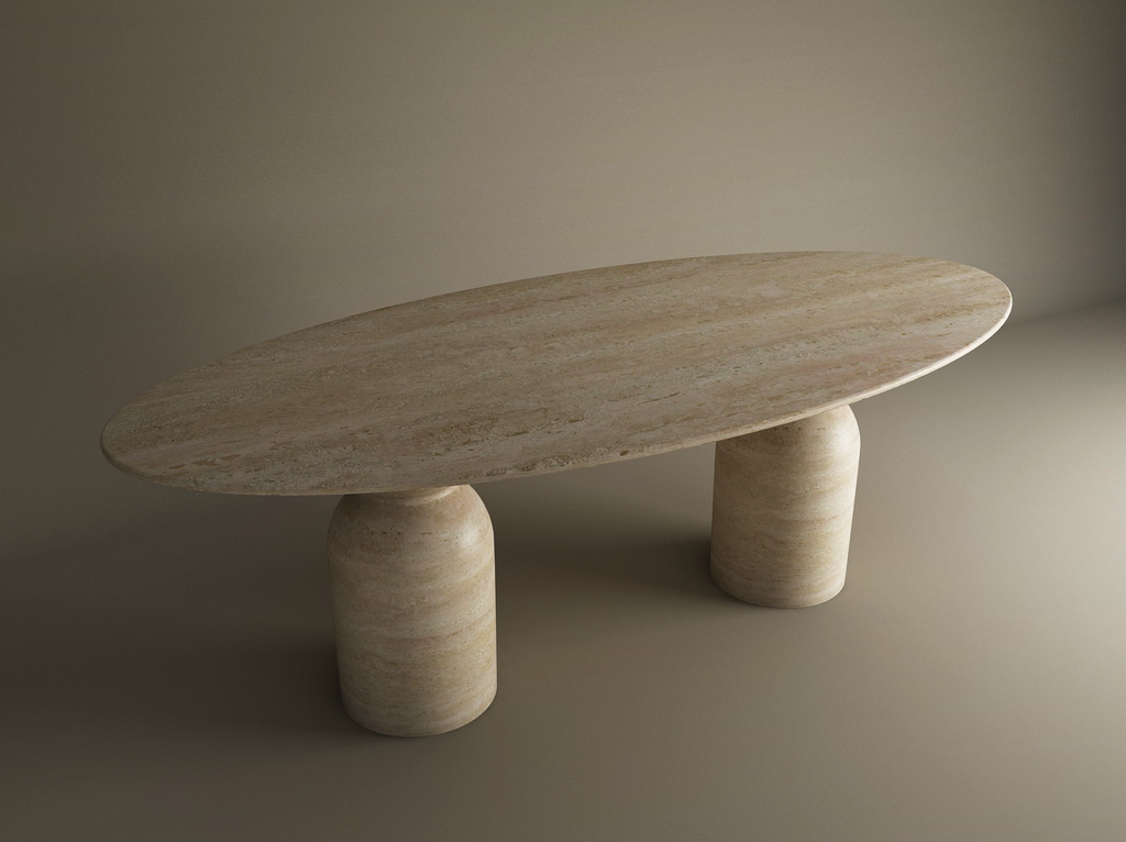 Ellips Travertine Dining Table with Sculptural Round Base- Ready to Ship