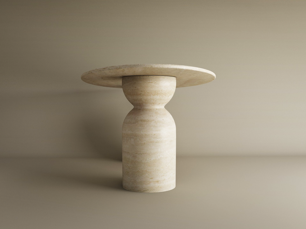 Ellips Travertine Dining Table with Sculptural Round Base- Ready to Ship
