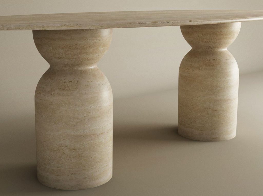 Ellips Travertine Dining Table with Sculptural Round Base- Ready to Ship