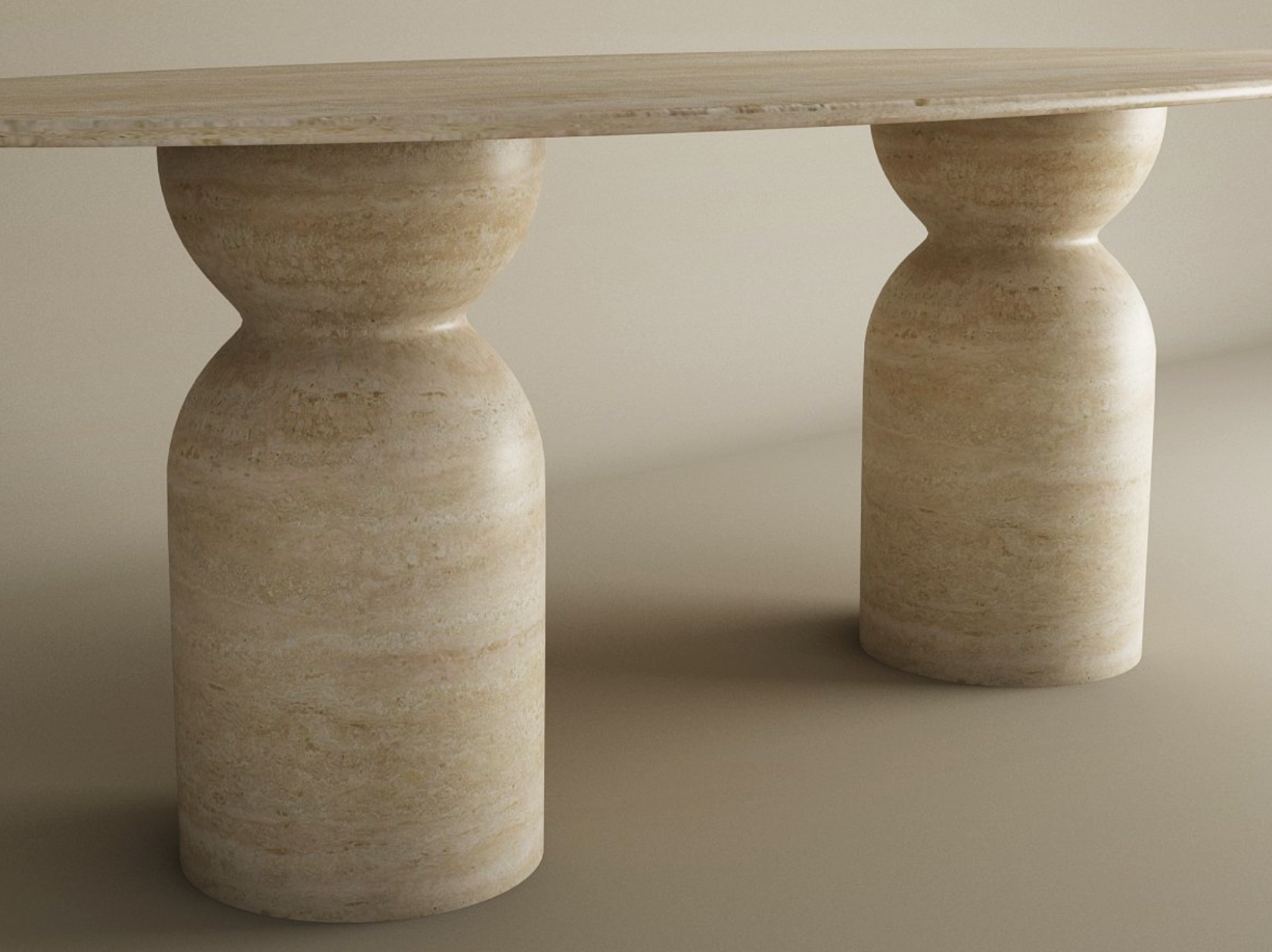 Ellips Travertine Dining Table with Sculptural Round Base- Ready to Ship