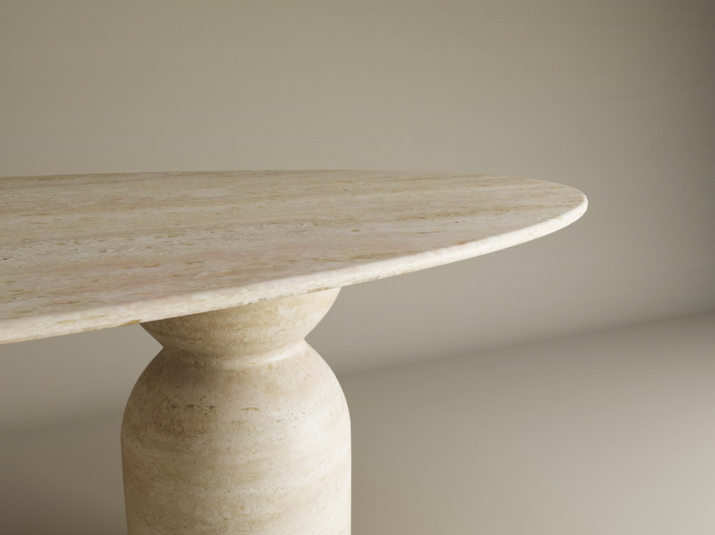 Ellips Travertine Dining Table with Sculptural Round Base- Ready to Ship