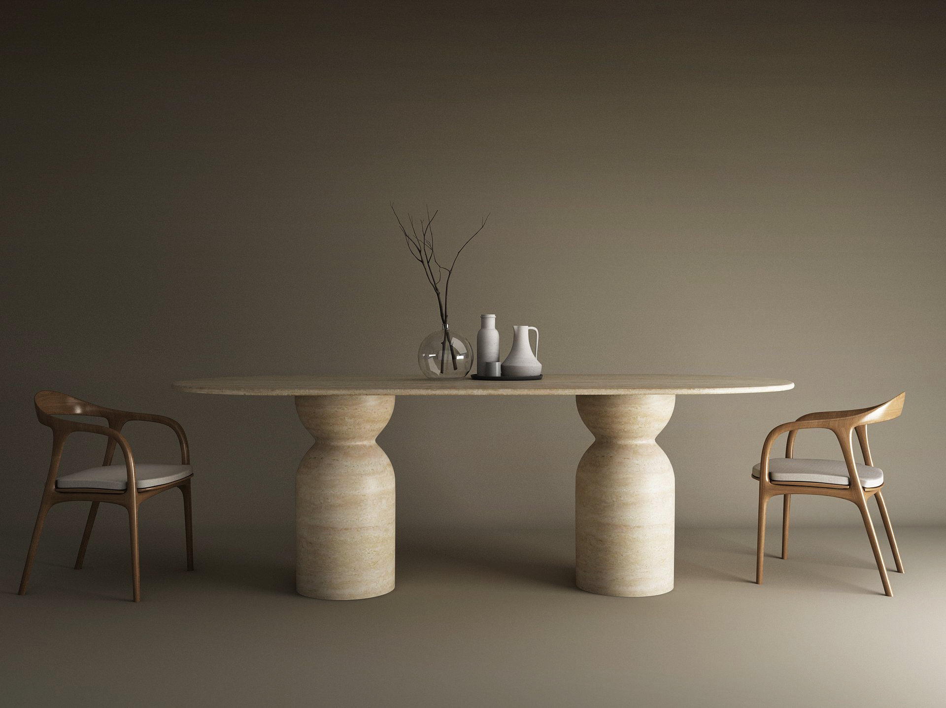 Oval Travertine Dining Table with Sculptural Round Base