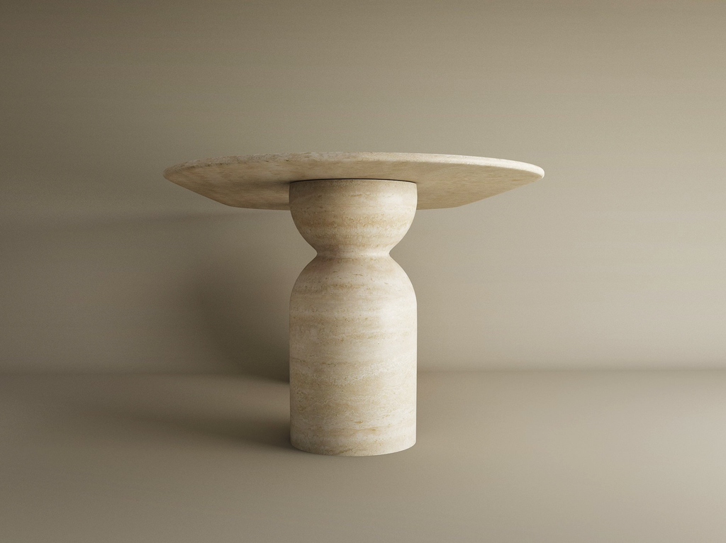 Oval Travertine Dining Table with Sculptural Round Base