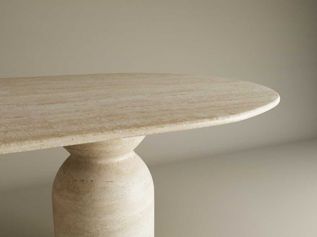 Oval Travertine Dining Table with Sculptural Round Base
