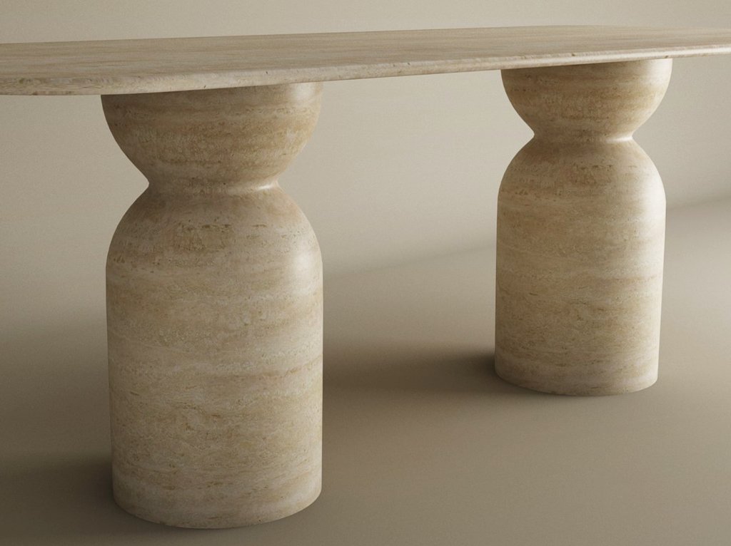 Rectangular Travertine Dining Table with Sculptural Round Base