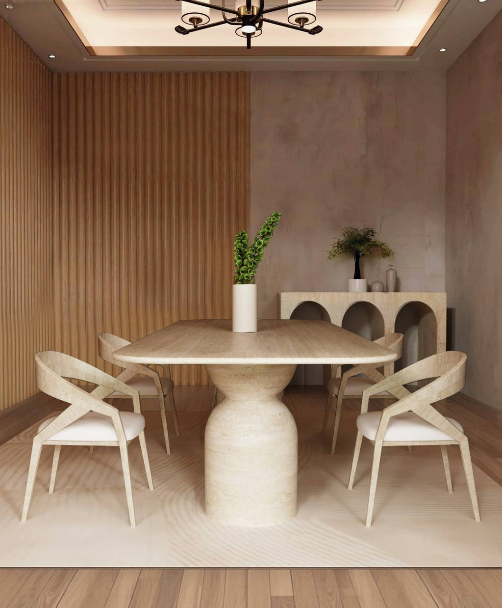Rectangular Travertine Dining Table with Sculptural Round Base