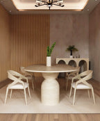 Oval Travertine Dining Table with Sculptural Round Base
