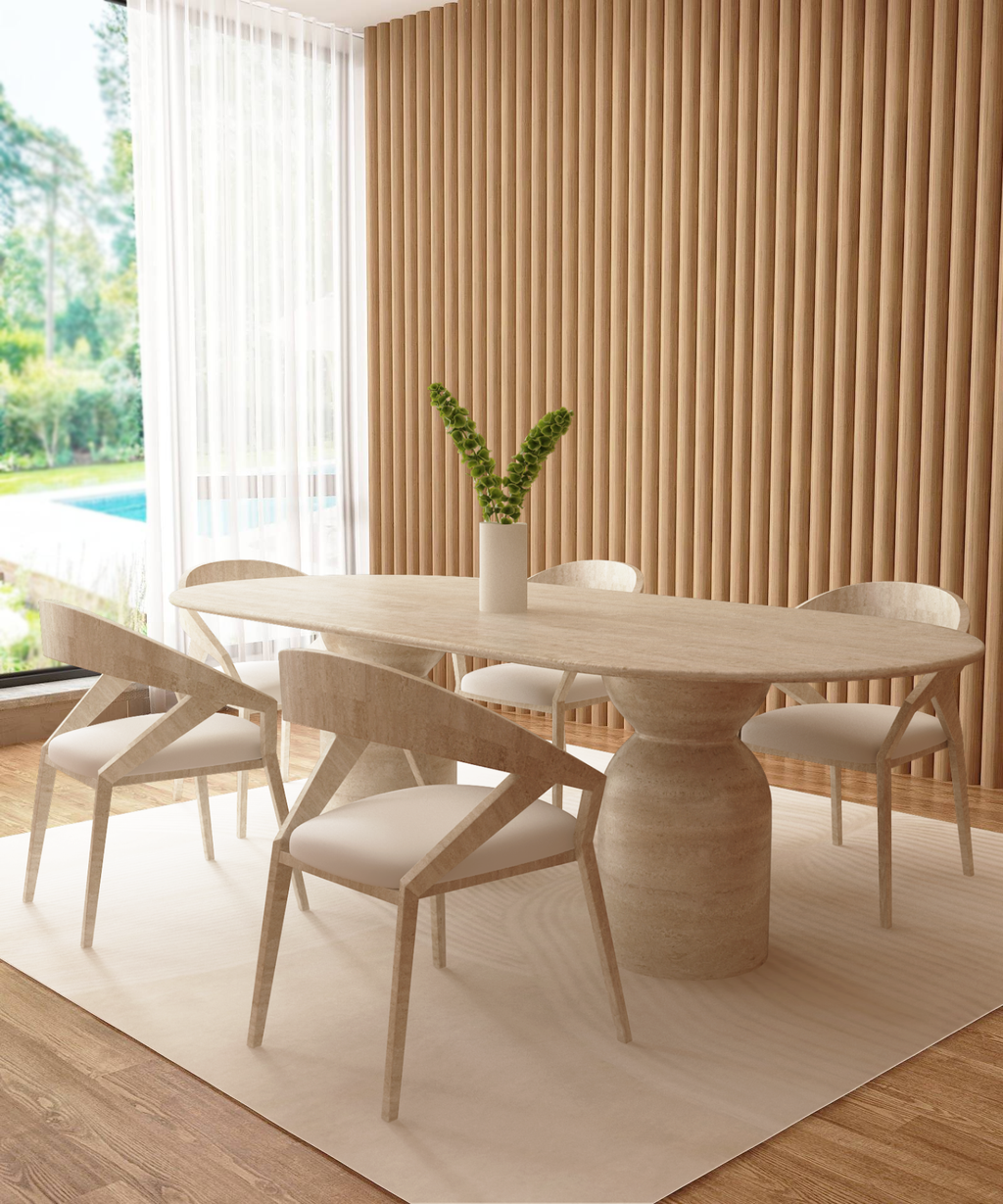Oval Travertine Dining Table with Sculptural Round Base