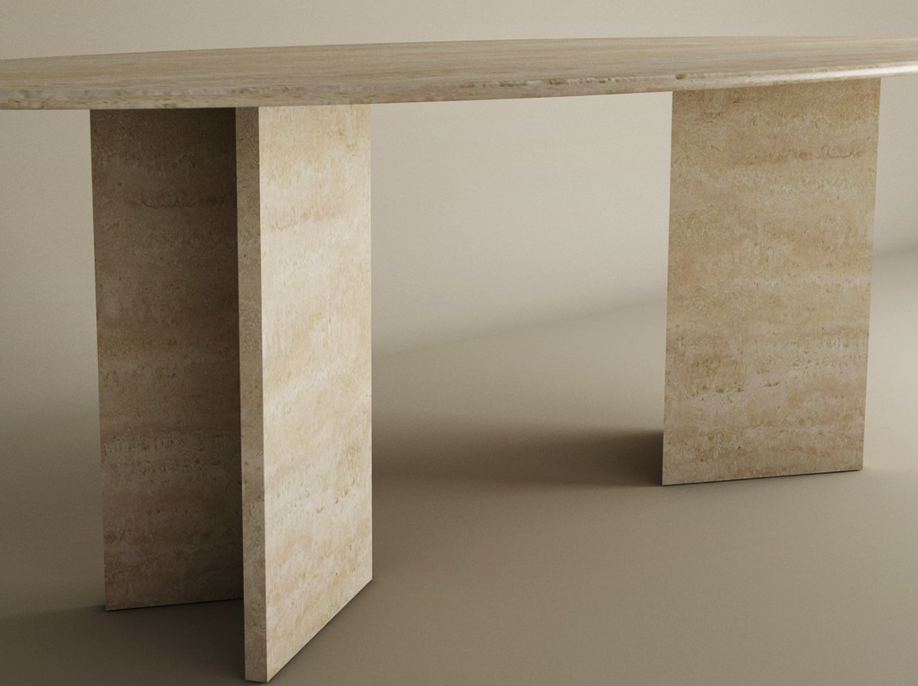Ellips Travertine Dining Table with Split-V Pedestal Base