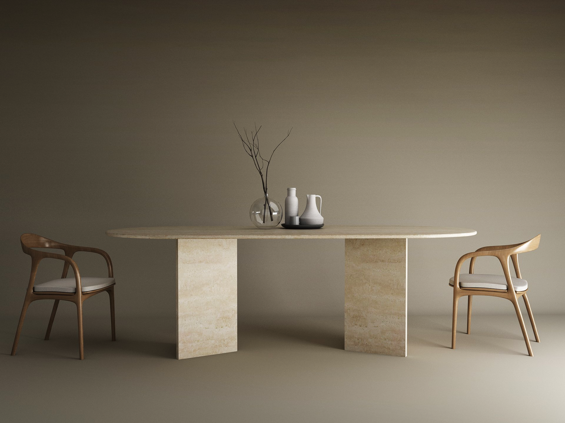 Oval Travertine Dining Table with Split-V Pedestal Base
