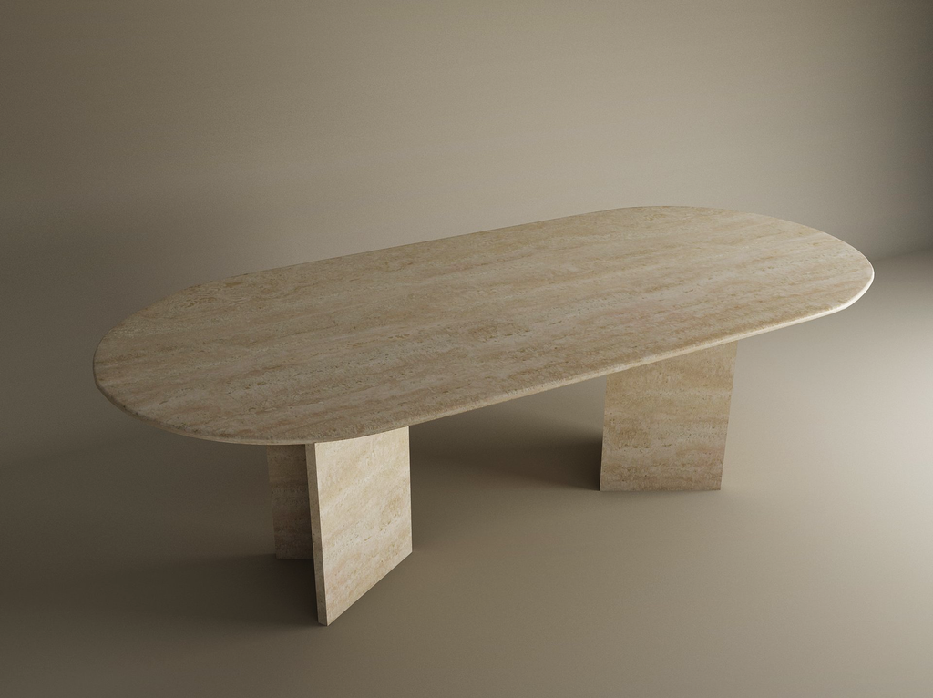 Oval Travertine Dining Table with Split-V Pedestal Base