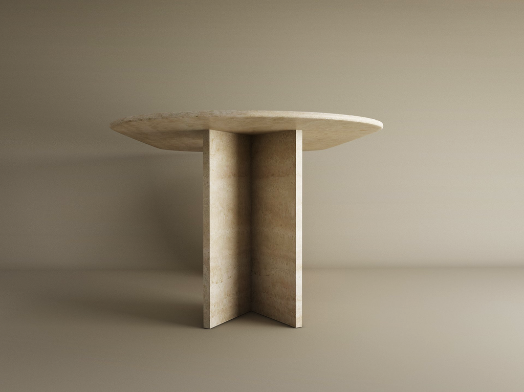 Oval Travertine Dining Table with Split-V Pedestal Base