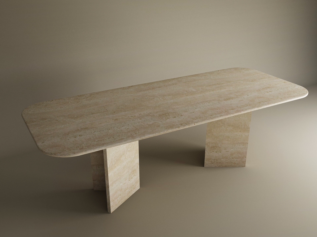 Rectangular Travertine Dining Table with Split-V Pedestal Base