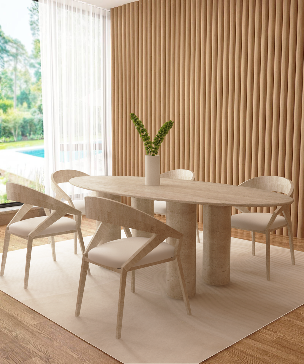 Ellips Travertine Dining Table with Cylindrical Base