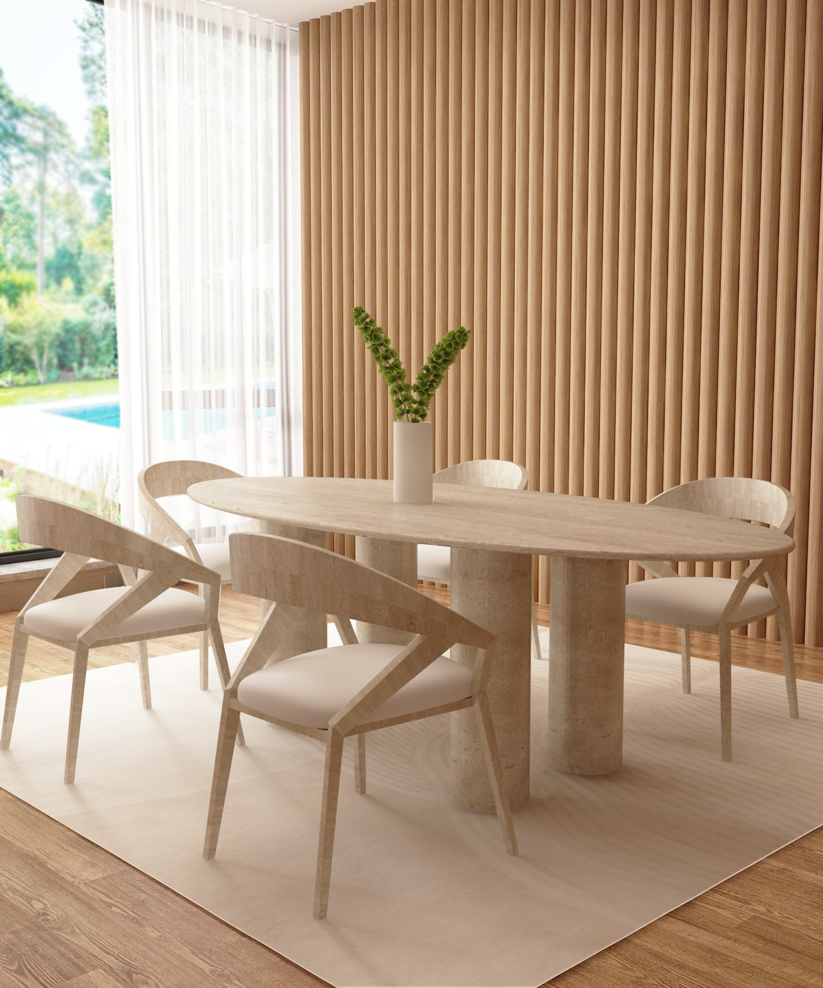 Ellips Travertine Dining Table with Cylindrical Base