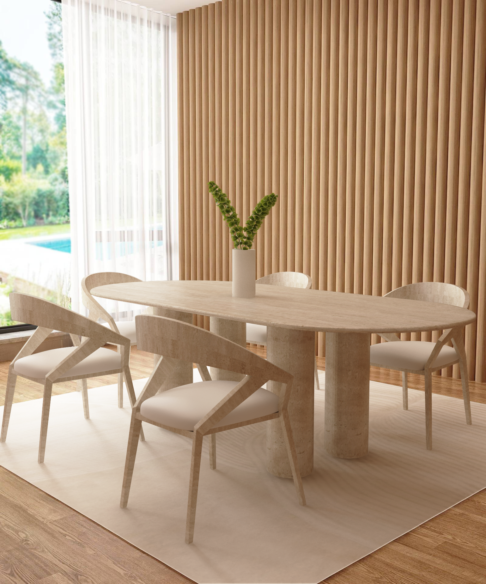 Oval Travertine Dining Table with Cylindrical Base