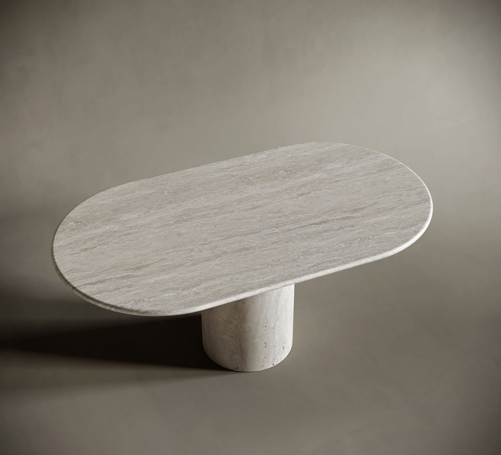 Oval One Leg Travertine Dining Table - Cylindrical Leg