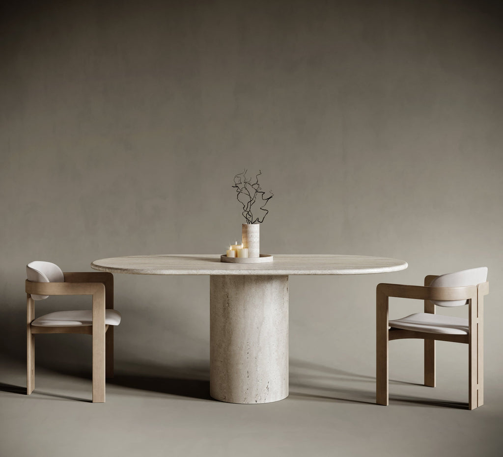 Oval One Leg Travertine Dining Table - Cylindrical Leg