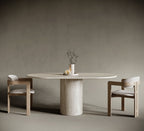 Oval One Leg Travertine Dining Table - Cylindrical Leg