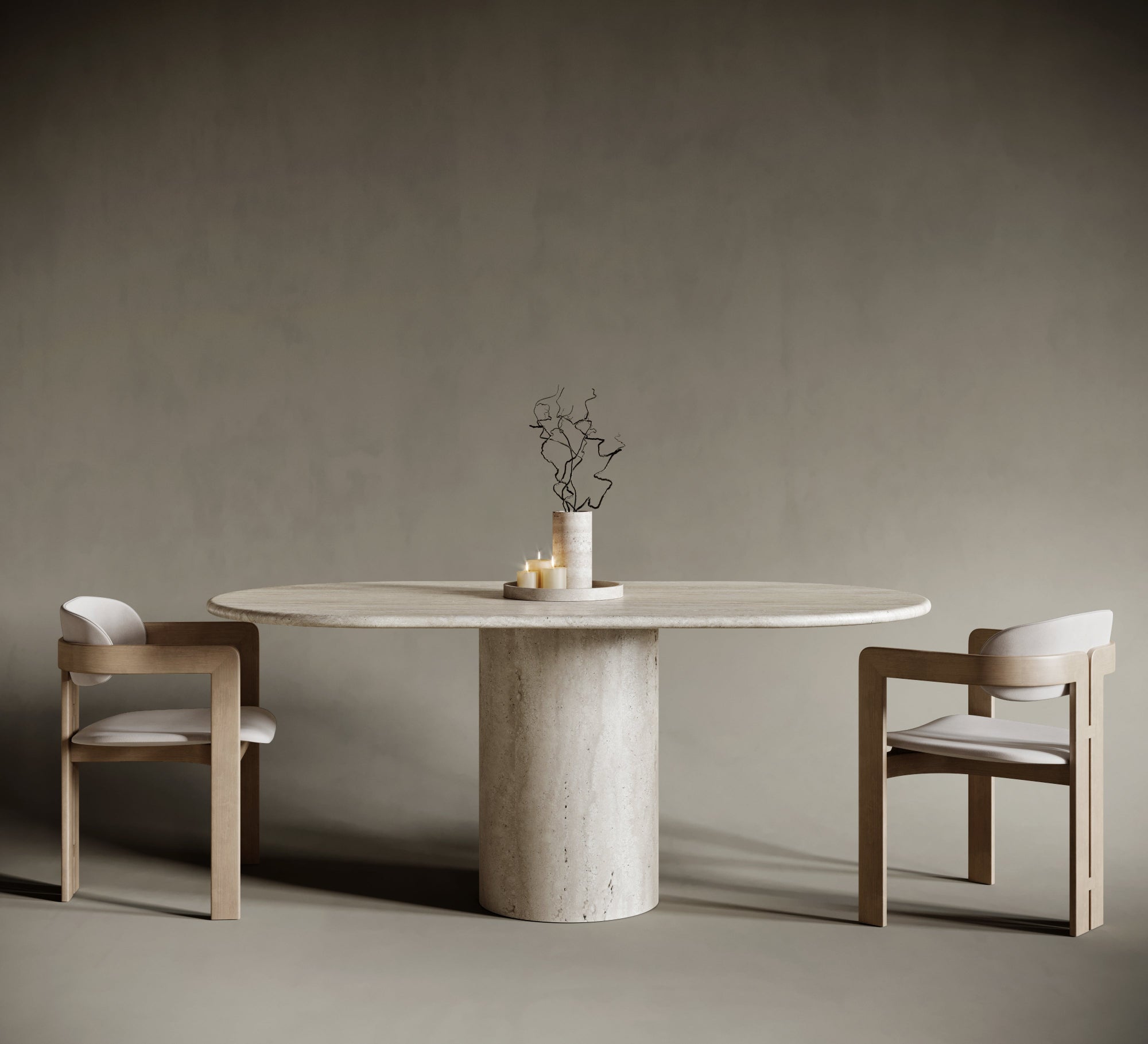 Oval One Leg Travertine Dining Table - Cylindrical Leg