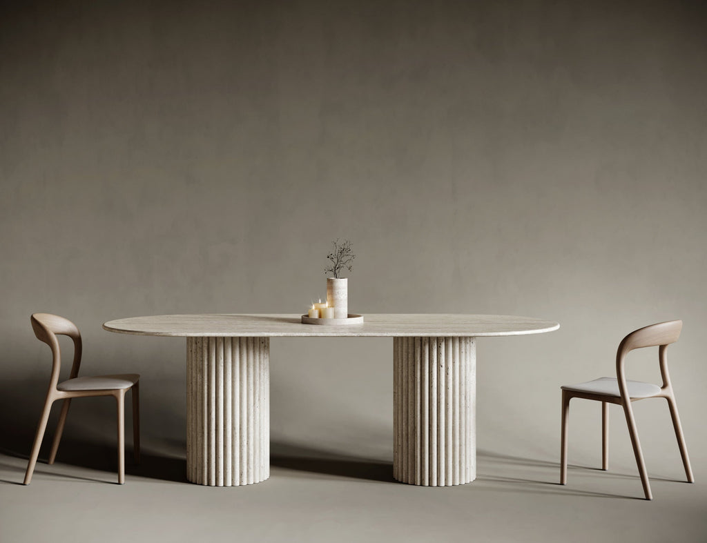 Oval Travertine Dining Table - Fluted Legs