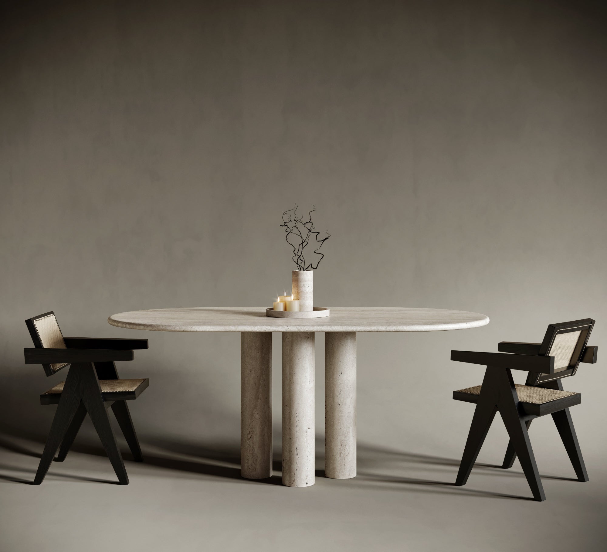 Oval Four Legs Travertine Dining Table - Four Cylindrical Legs
