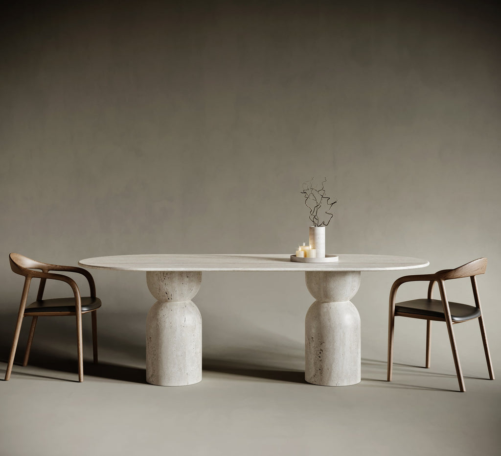 Oval Travertine Dining Table  - Hourglass Legs