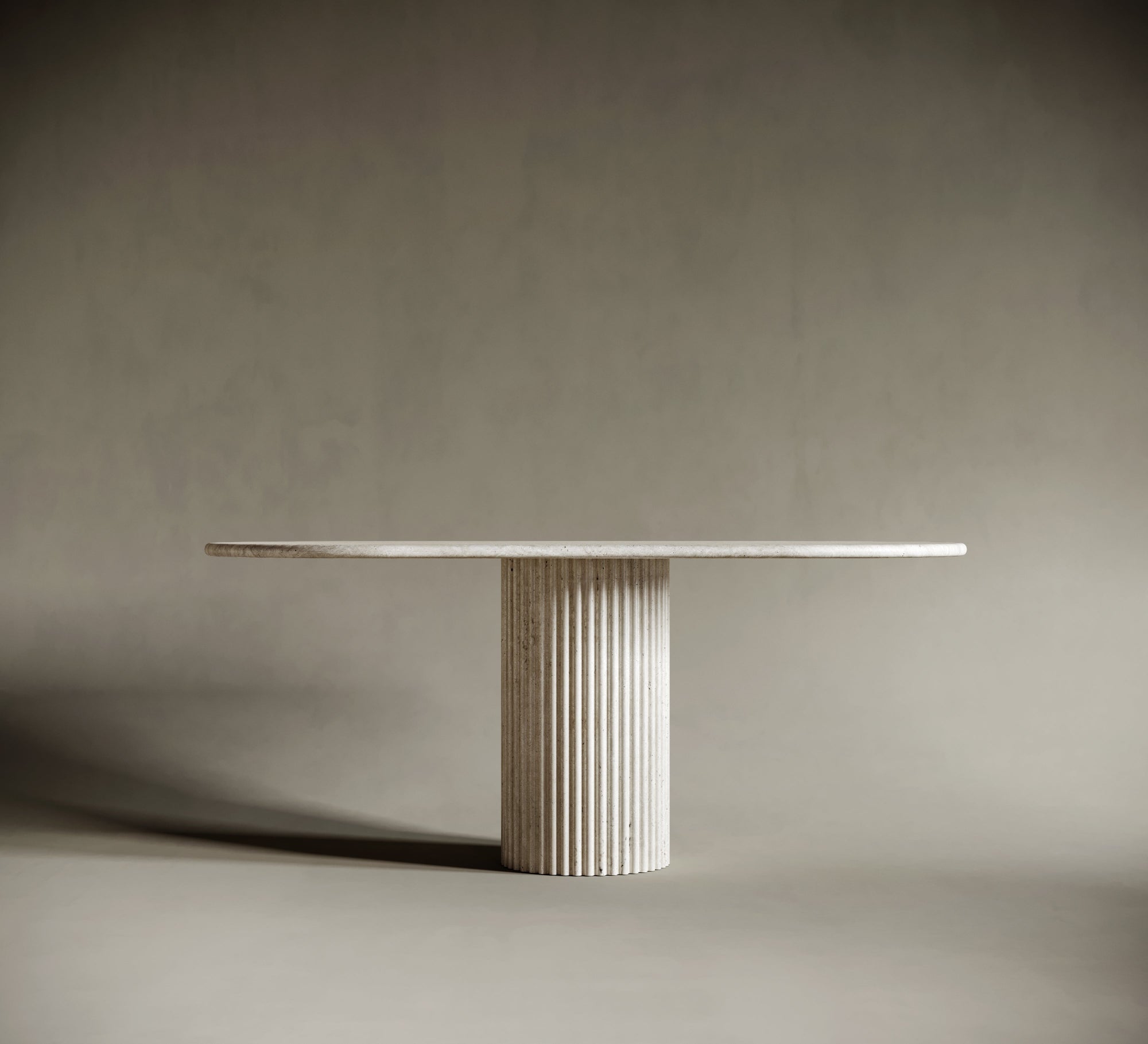 Oval One Leg Travertine Dining Table - Fluted Leg