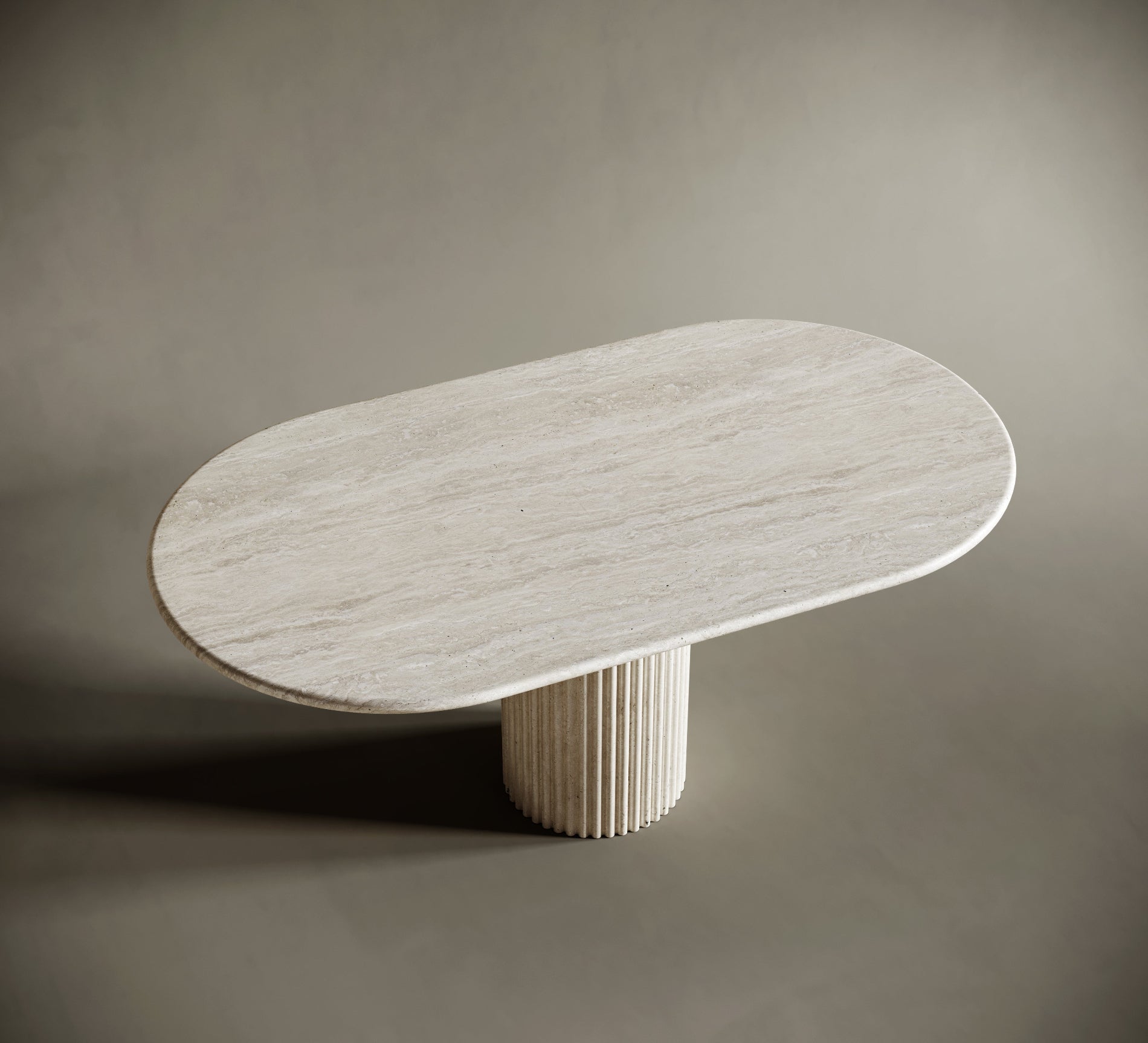 Oval One Leg Travertine Dining Table - Fluted Leg