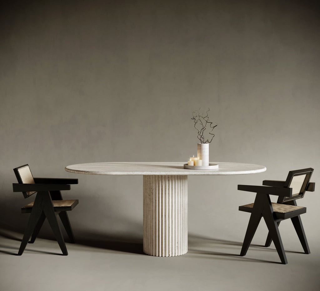 Oval One Leg Travertine Dining Table - Fluted Leg