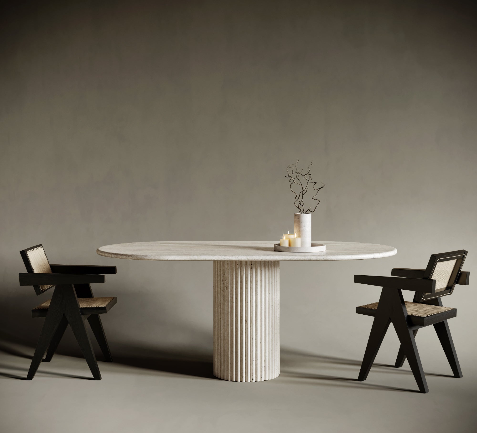 Oval One Leg Travertine Dining Table - Fluted Leg