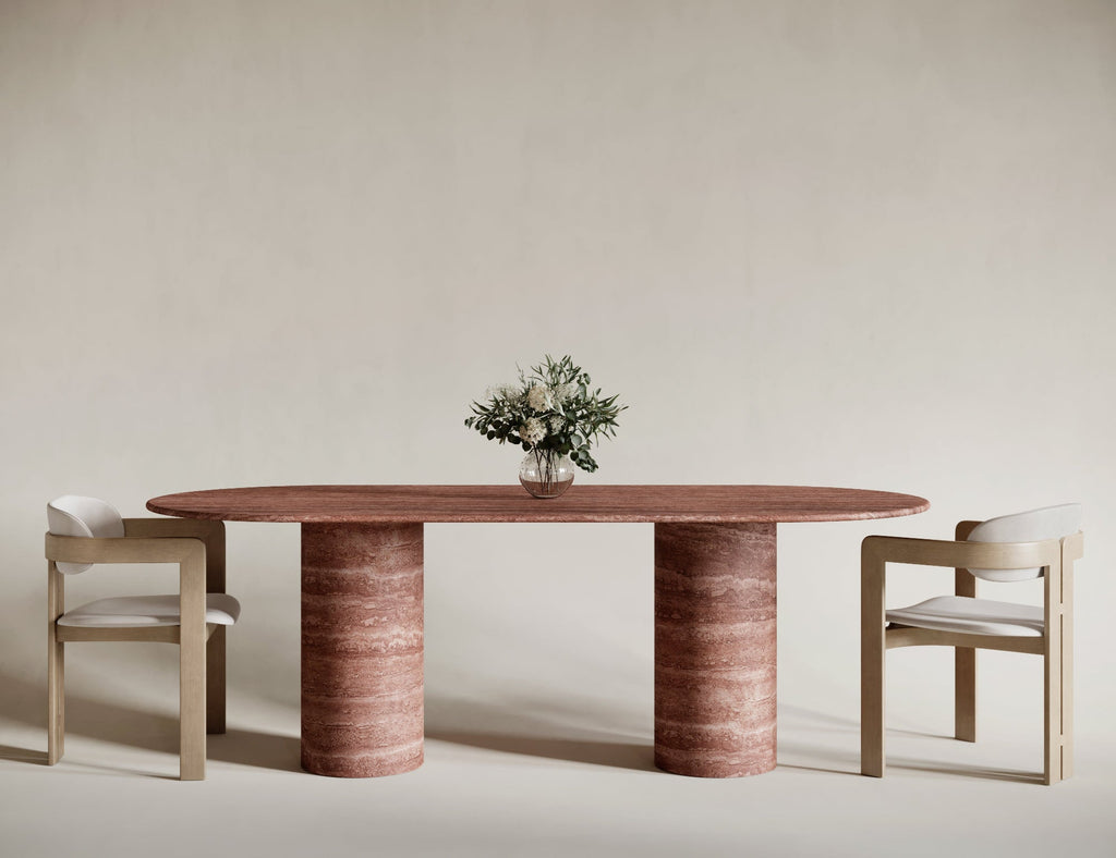 Red Travertine Oval Dining Table - Cylindrical Legs