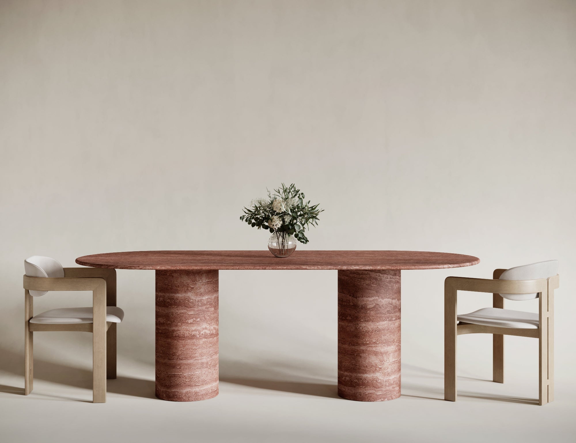 Red Travertine Oval Dining Table - Cylindrical Legs