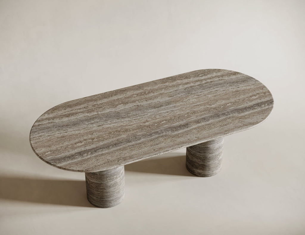 Silver Travertine Oval Dining Table - Cylindrical Leg