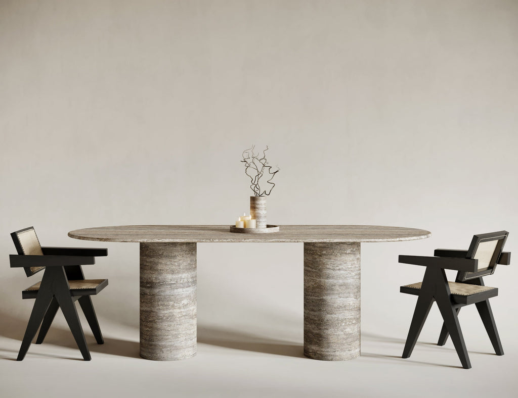 Silver Travertine Oval Dining Table - Cylindrical Leg