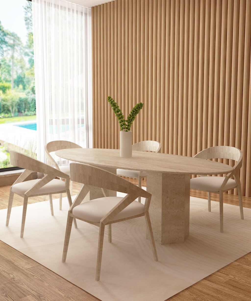 Ellips Travertine Dining Table with Hexagonal Pedestal Base